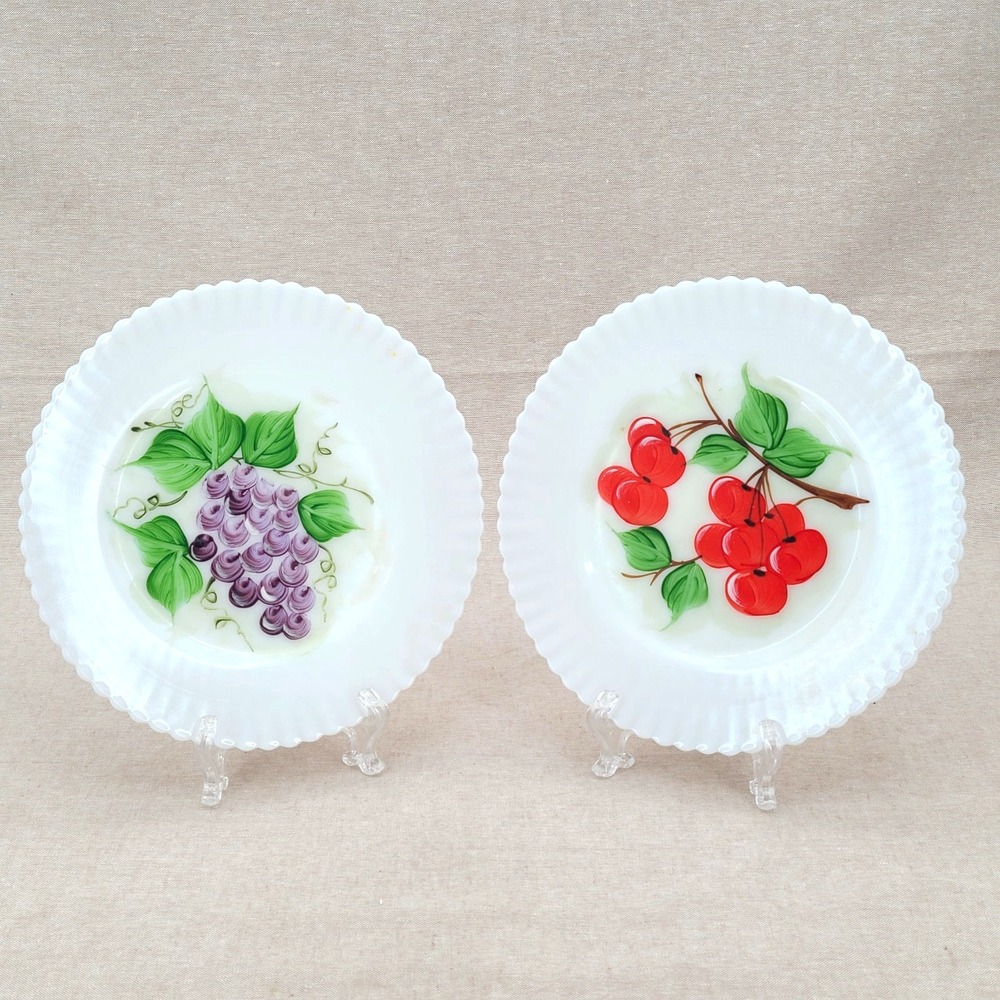 MacBeth Evans Monax Petalware Fruit Plates Set 2 Hand Painted Milk Glass Gallery